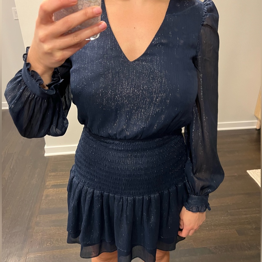 Aqua smocked navy mini dress